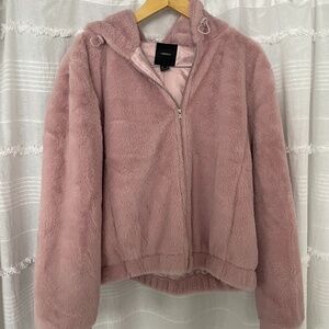 Pink Fuzzy Faux Fur Zip Up Hooded Jacket